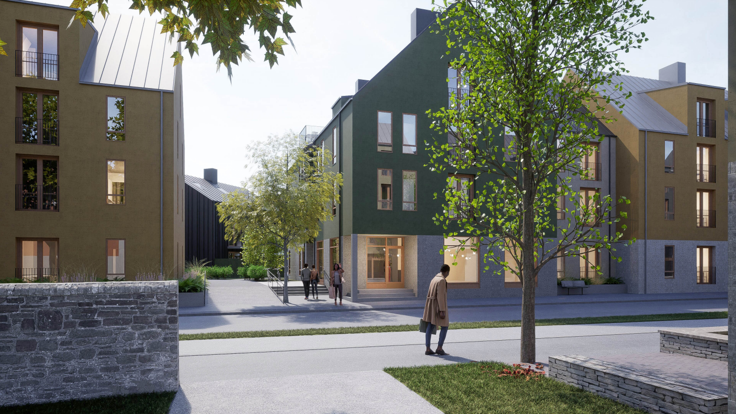 Innergård BRF Andersro med grönska och stenmur